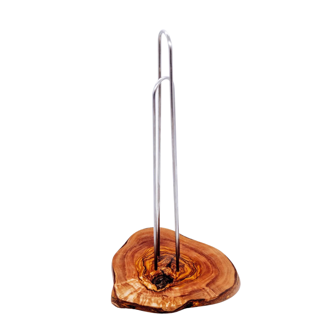 Handgemachter Küchenrollenhalter aus Olivenholz mit Metallgestänge