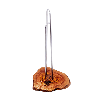 Handgemachter Küchenrollenhalter aus Olivenholz mit Metallgestänge
