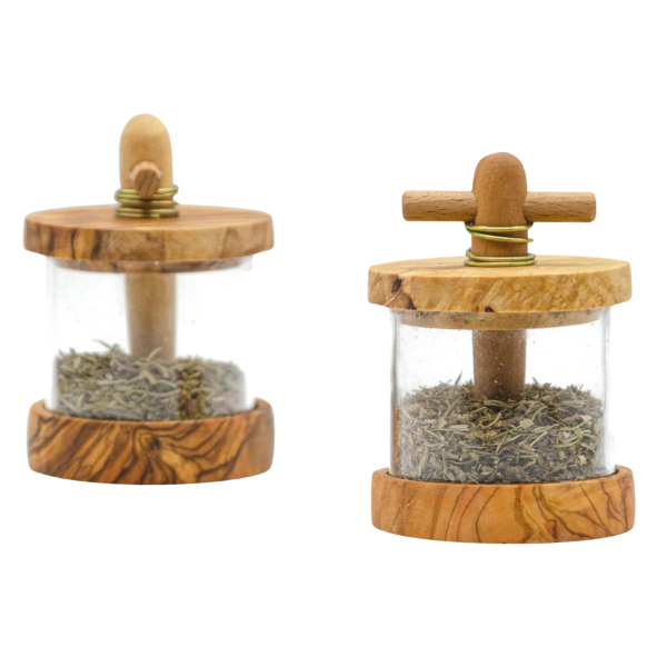 Kräutermühle aus Olivenholz - gefüllt mit Kräutern | Höhe: 13cm