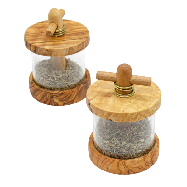 Kräutermühle aus Olivenholz - gefüllt mit Kräutern | Höhe: 13cm
