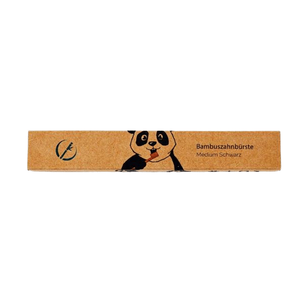 Hier sieht man die braune Verpackung der Zahnbürste. Ganz groß ist ein Panda zu sehen und rechts neben dran steht Banbusahnbürste