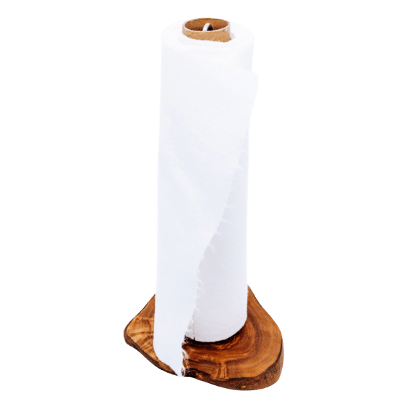 Handgemachter Küchenrollenhalter aus Olivenholz mit Metallgestänge