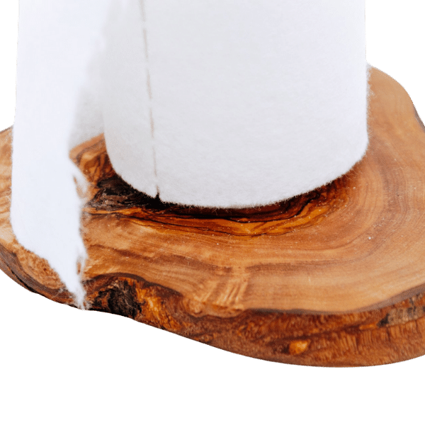 Handgemachter Küchenrollenhalter aus Olivenholz mit Metallgestänge