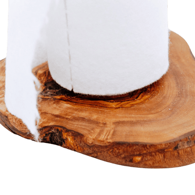 Handgemachter Küchenrollenhalter aus Olivenholz mit Metallgestänge