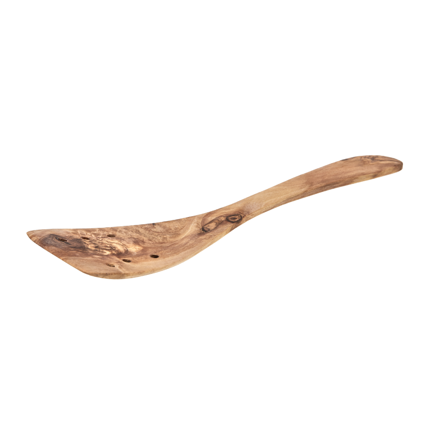 Nachhaltiger Pfannenwender mit Löchern aus Olivenholz